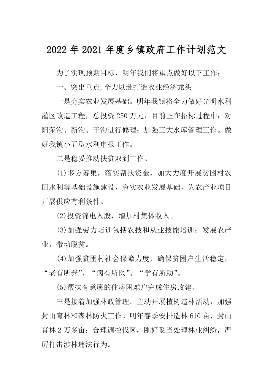 2022年2021年度乡镇政府工作计划范文.docx_第1页