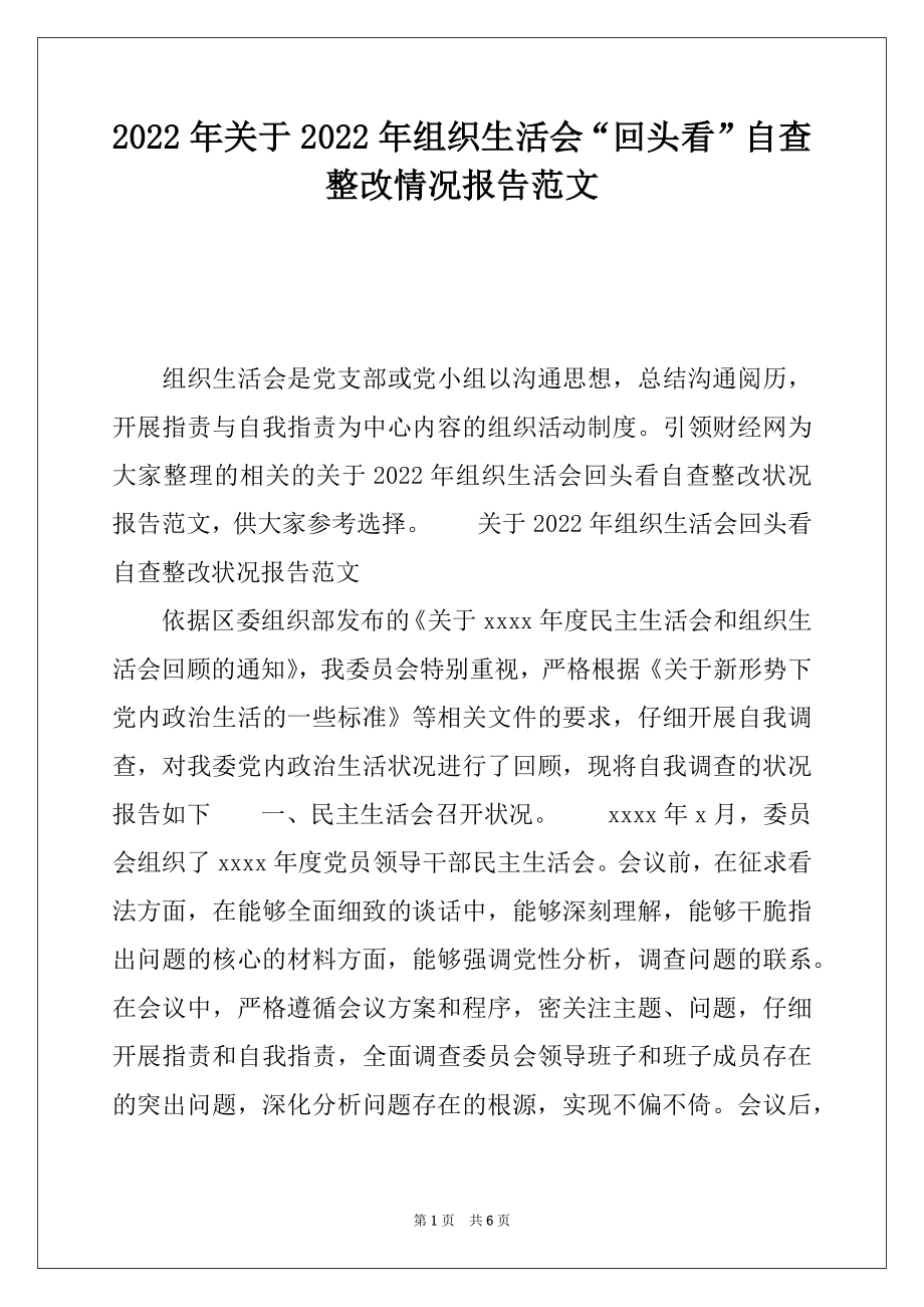 2022年关于2022年组织生活会“回头看”自查整改情况报告范文.docx_第1页