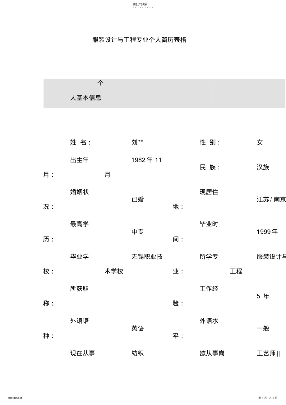 2022年服装设计与工程项目专业个人简历表格 .pdf_第1页