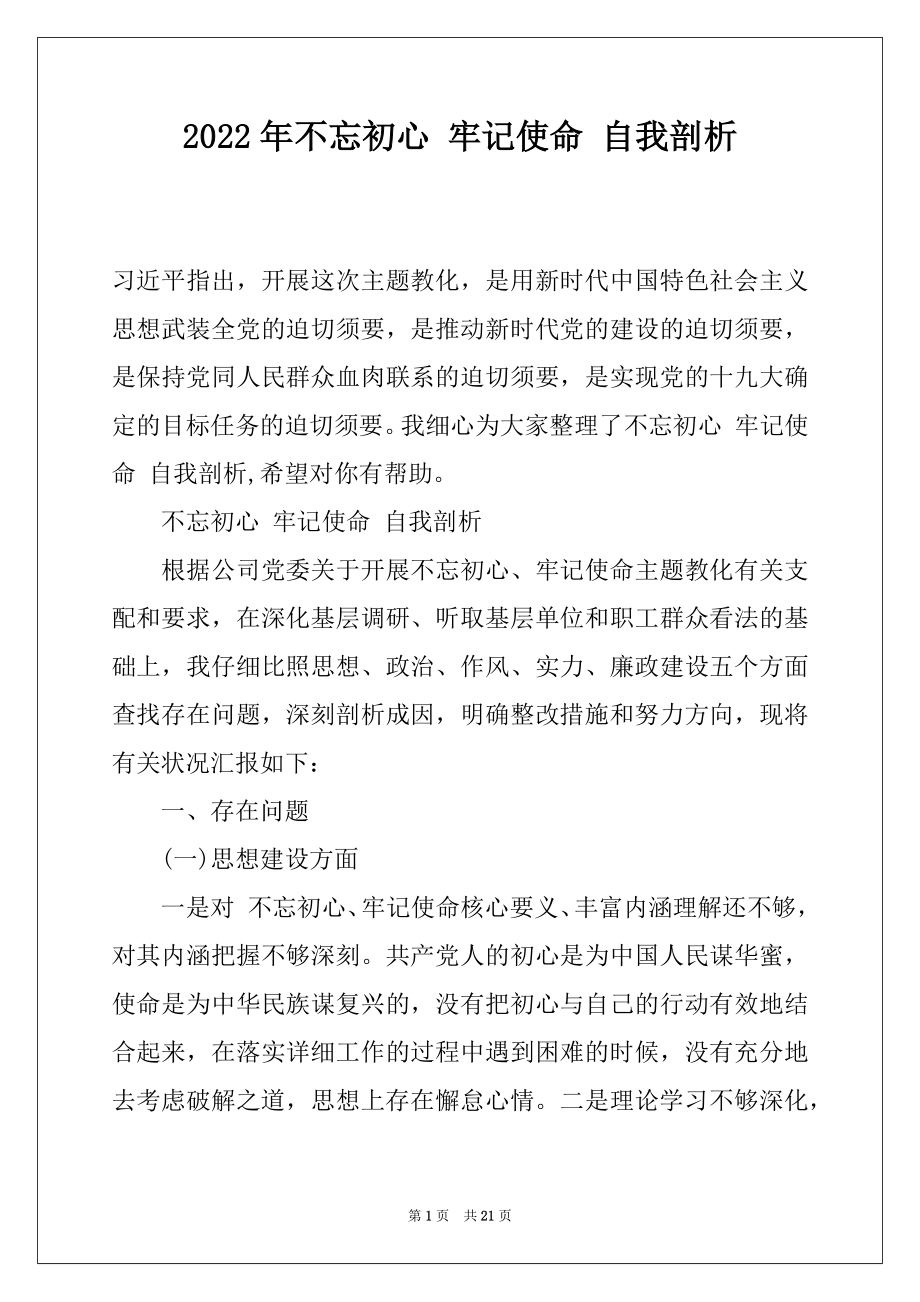 2022年不忘初心 牢记使命 自我剖析.docx_第1页