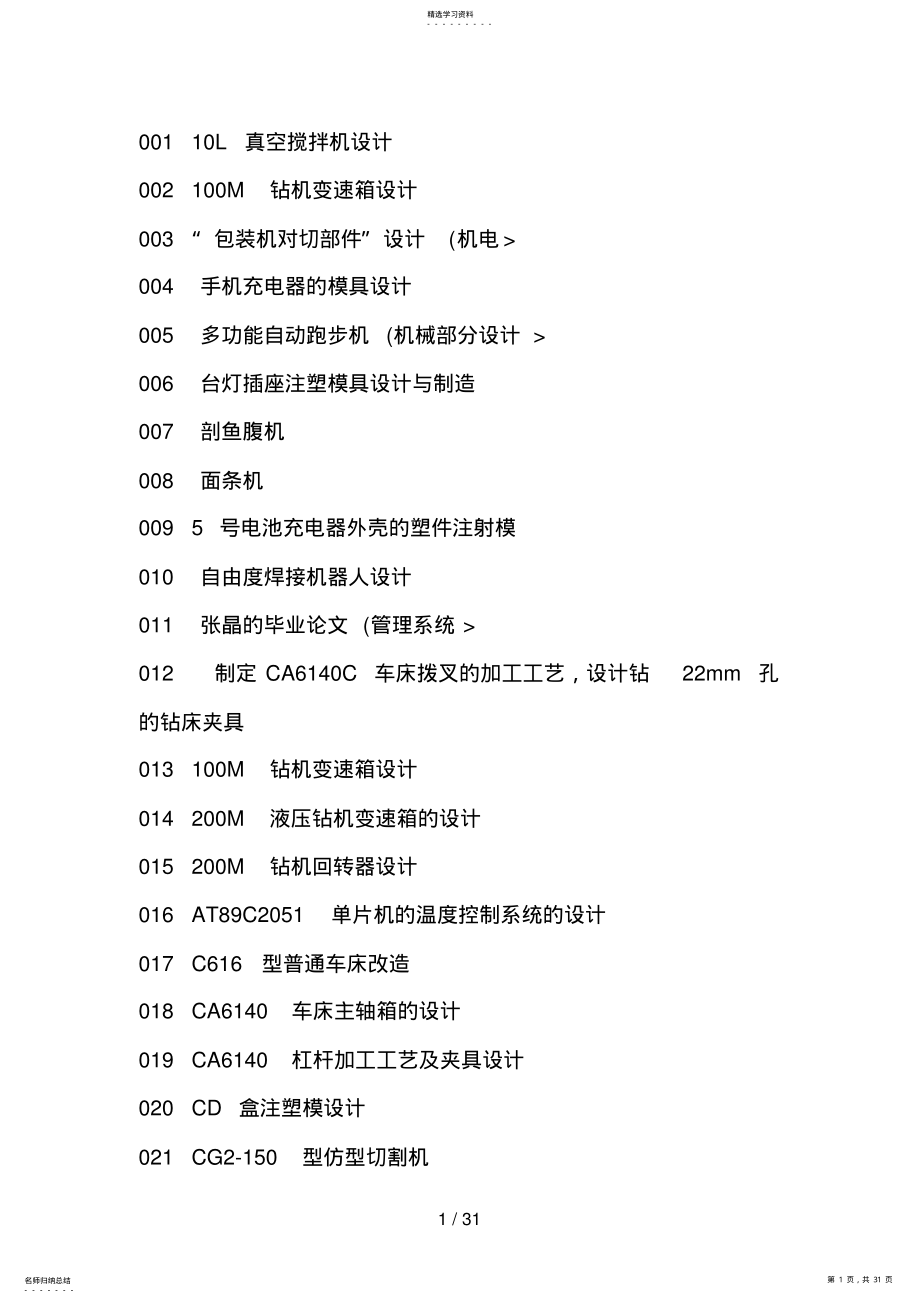 2022年最新机械电子类毕业设计方案经典题目集 .pdf_第1页