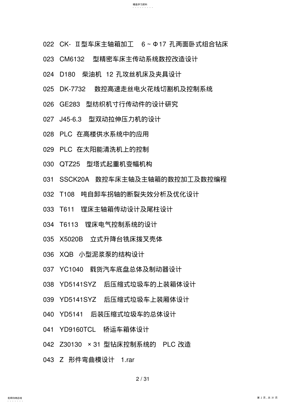 2022年最新机械电子类毕业设计方案经典题目集 .pdf_第2页