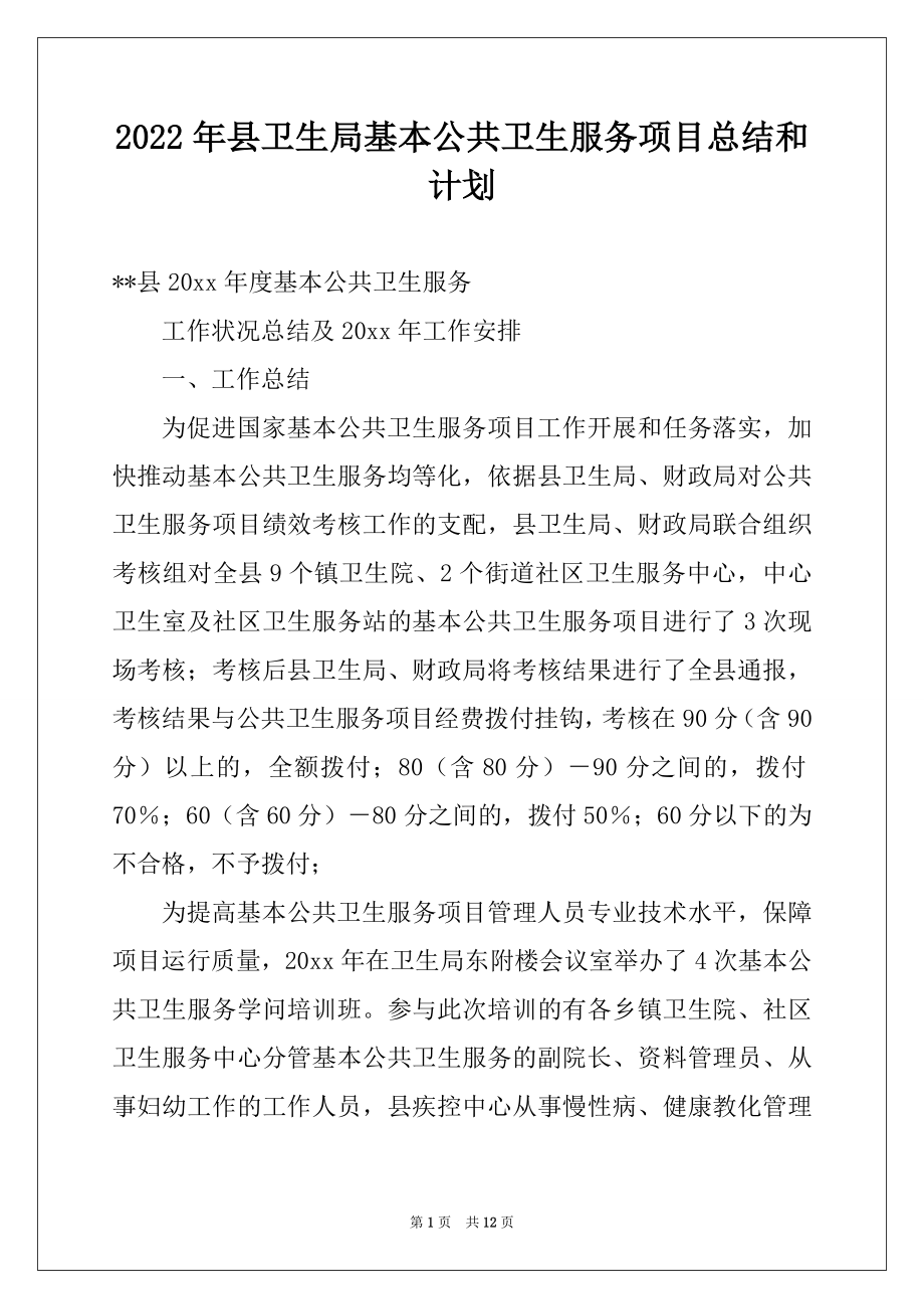 2022年县卫生局基本公共卫生服务项目总结和计划.docx_第1页