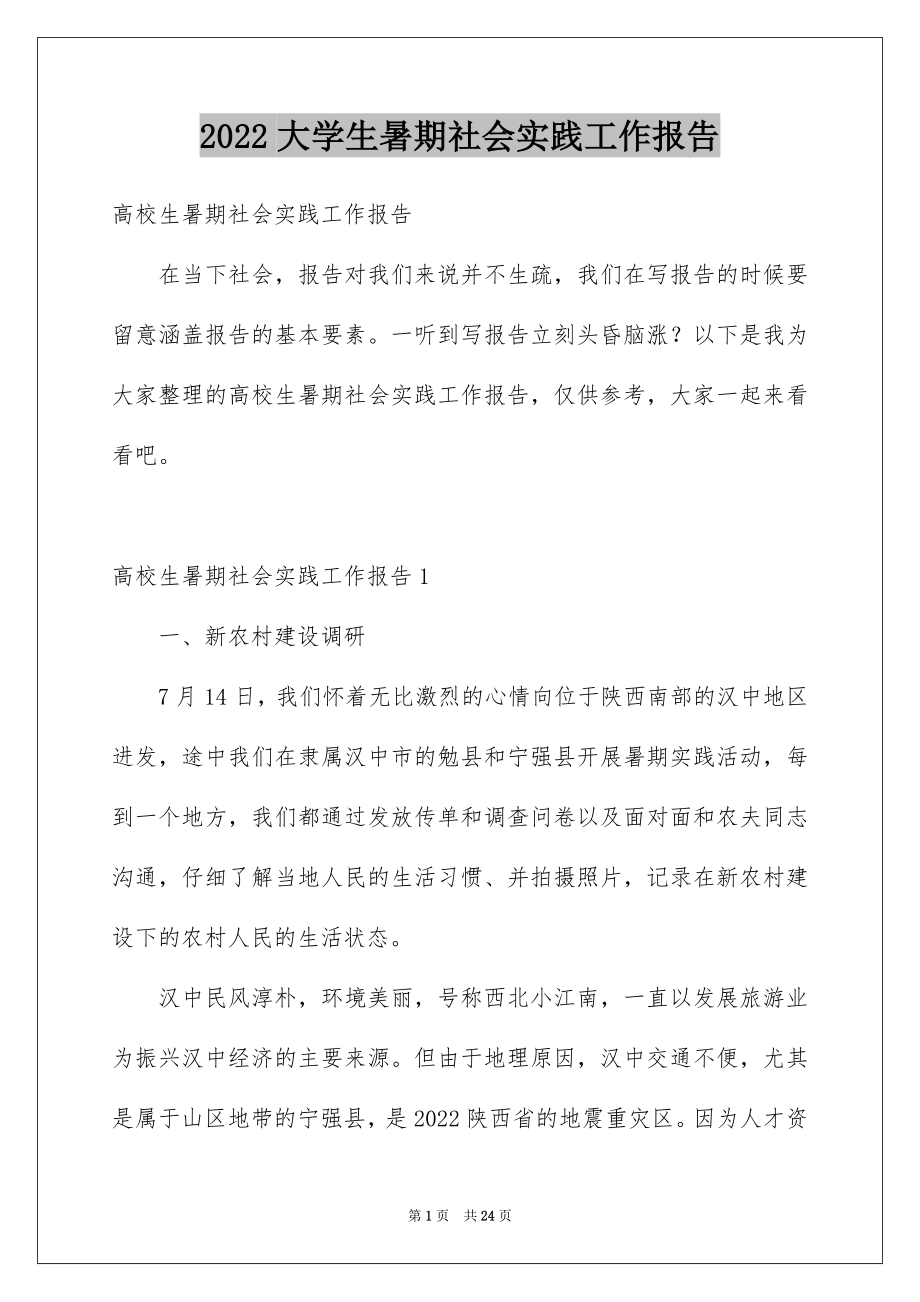 2022大学生暑期社会实践工作报告例文.docx_第1页