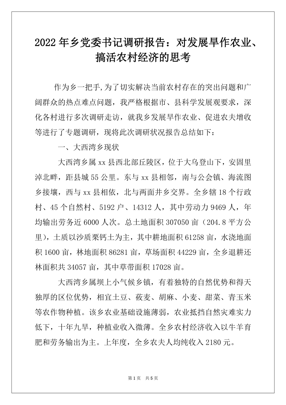 2022年乡党委书记调研报告：对发展旱作农业、搞活农村经济的思考.docx_第1页