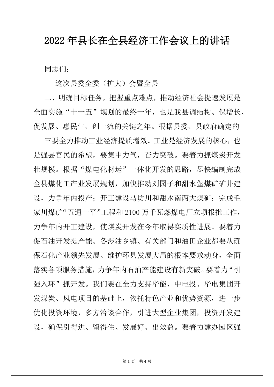 2022年县长在全县经济工作会议上的讲话例文.docx_第1页