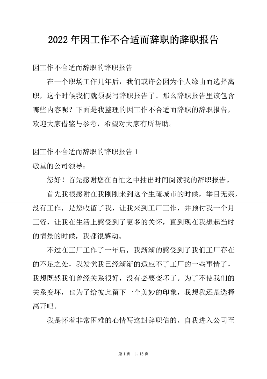 2022年因工作不合适而辞职的辞职报告.docx_第1页