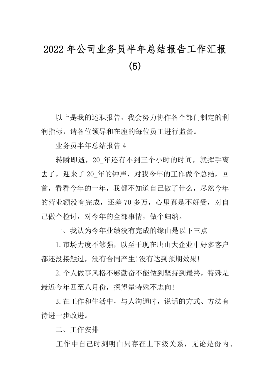 2022年公司业务员半年总结报告工作汇报(5).docx_第1页