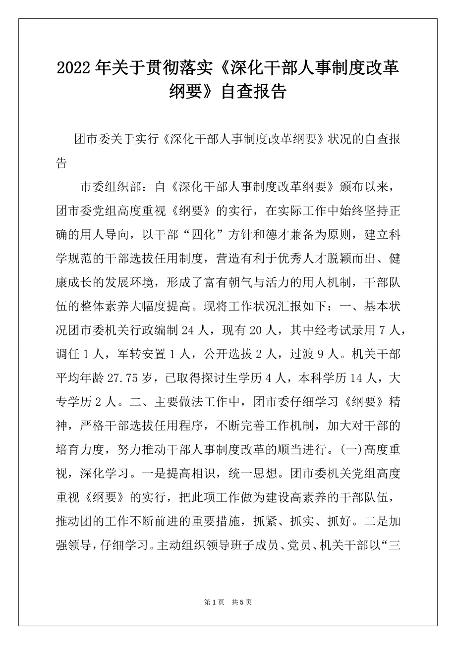 2022年关于贯彻落实《深化干部人事制度改革纲要》自查报告例文.docx_第1页