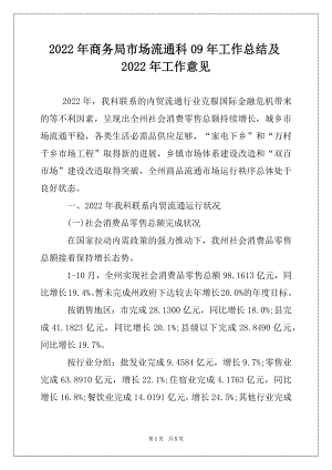 2022年商务局市场流通科09年工作总结及2022年工作意见例文.docx