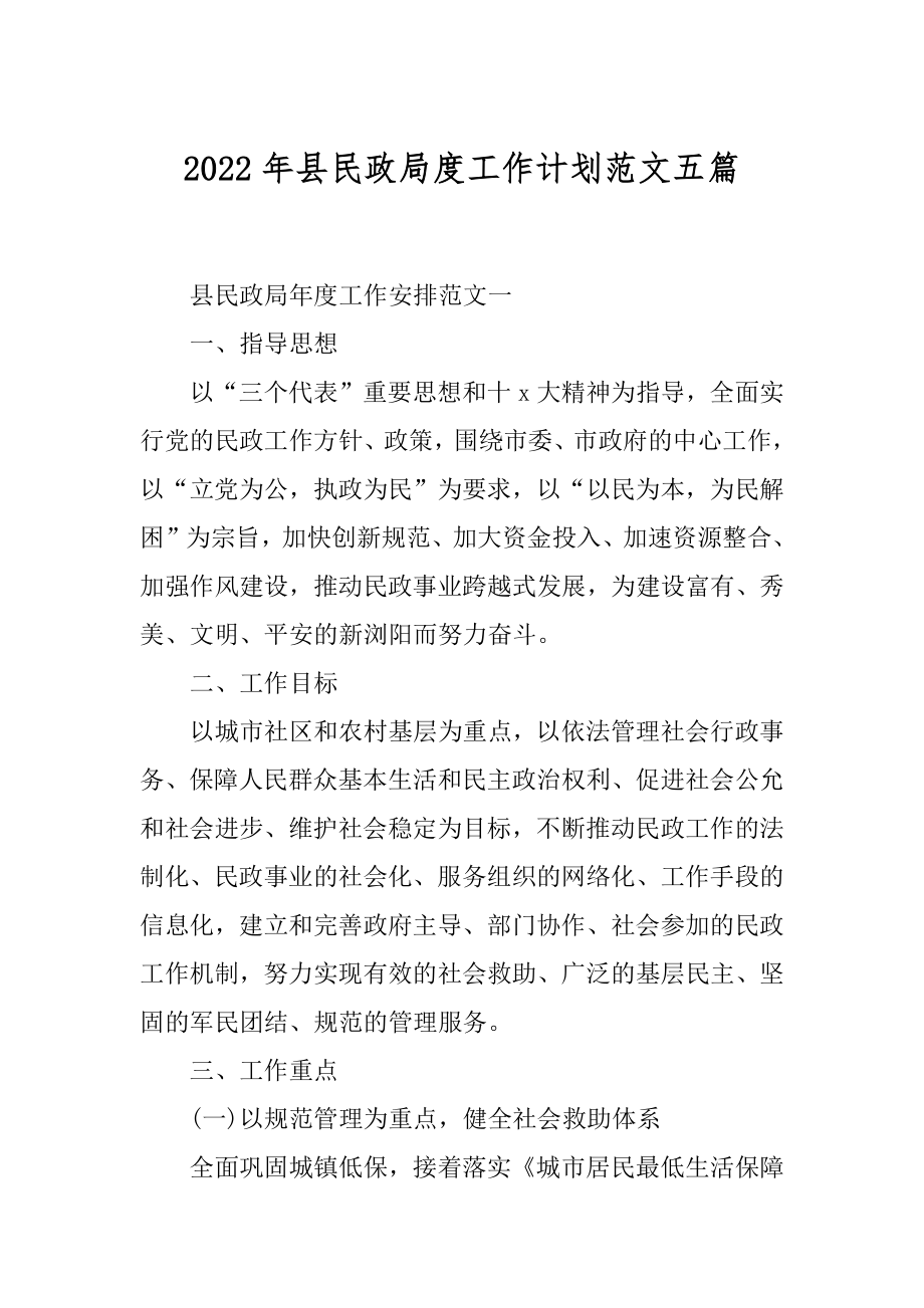 2022年县民政局度工作计划范文五篇.docx_第1页