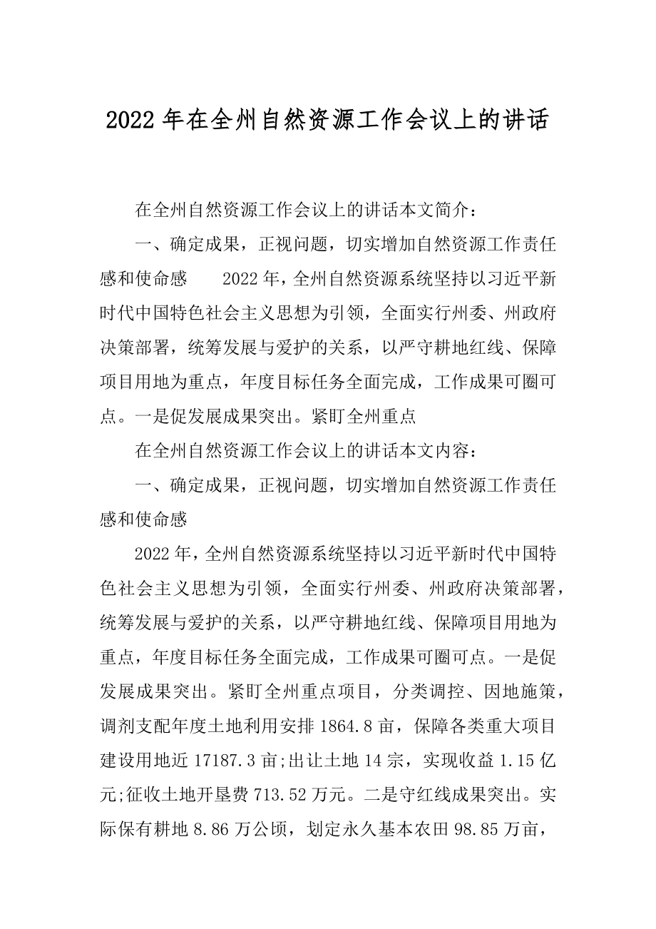 2022年在全州自然资源工作会议上的讲话.docx_第1页