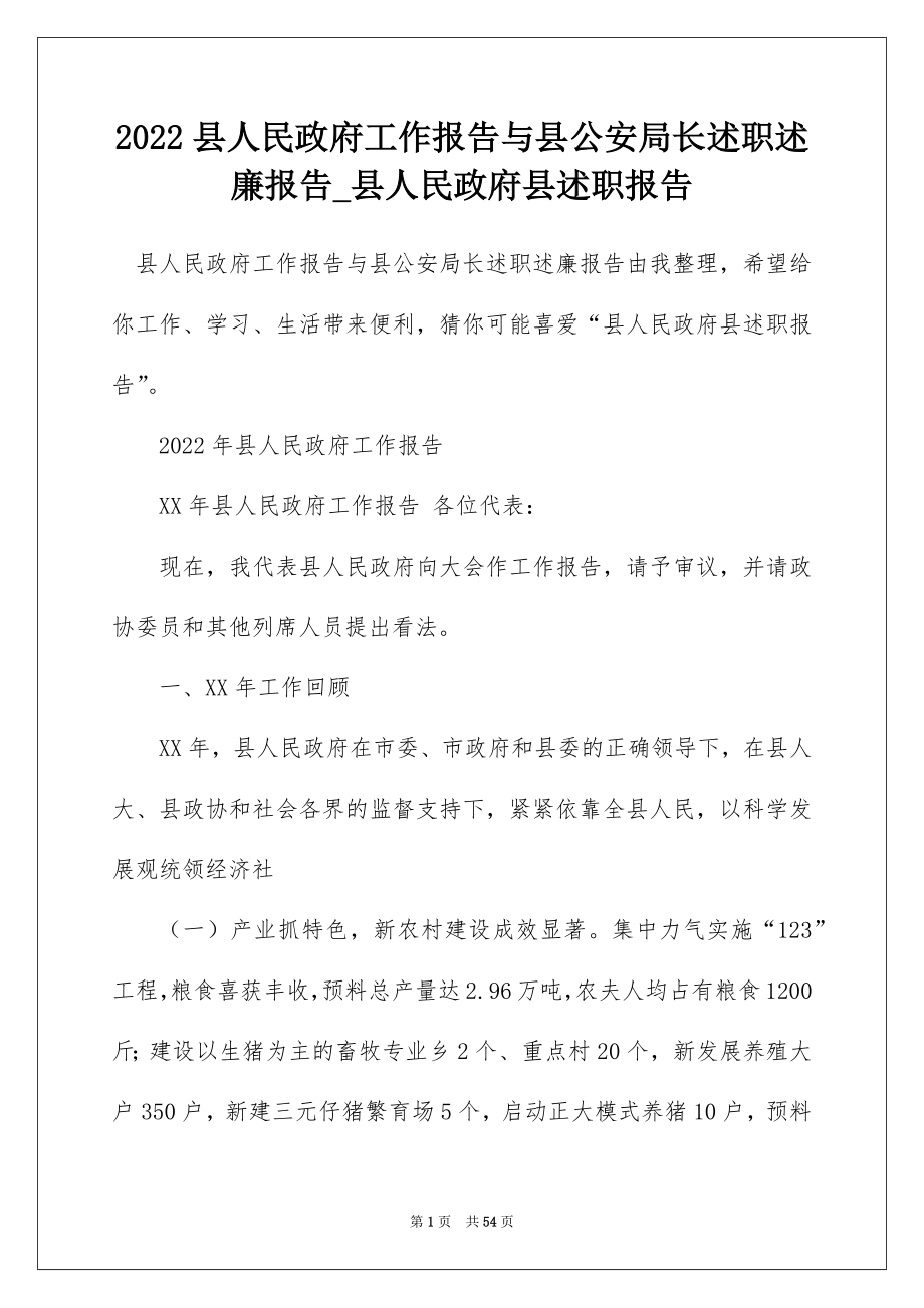 2022县人民政府工作报告与县公安局长述职述廉报告_县人民政府县述职报告.docx_第1页