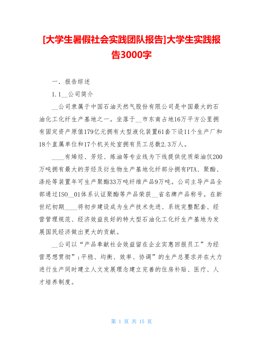 大学生暑假社会实践团队报告大学生实践报告3000字.doc_第1页