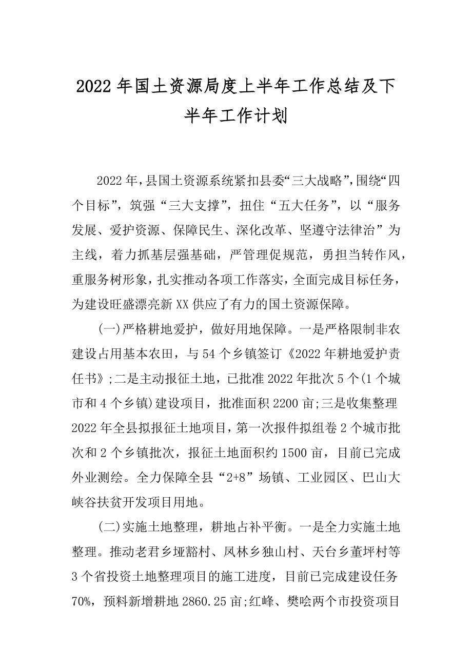 2022年国土资源局度上半年工作总结及下半年工作计划.docx_第1页