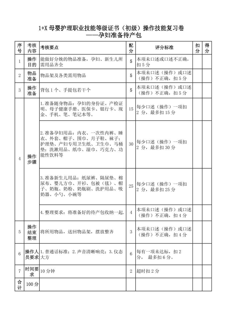 母婴护理职业技能等级证书（初级）操作技能复习卷.docx_第1页