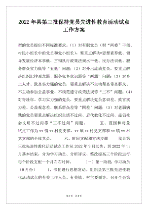 2022年县第三批保持党员先进性教育活动试点工作方案范本.docx