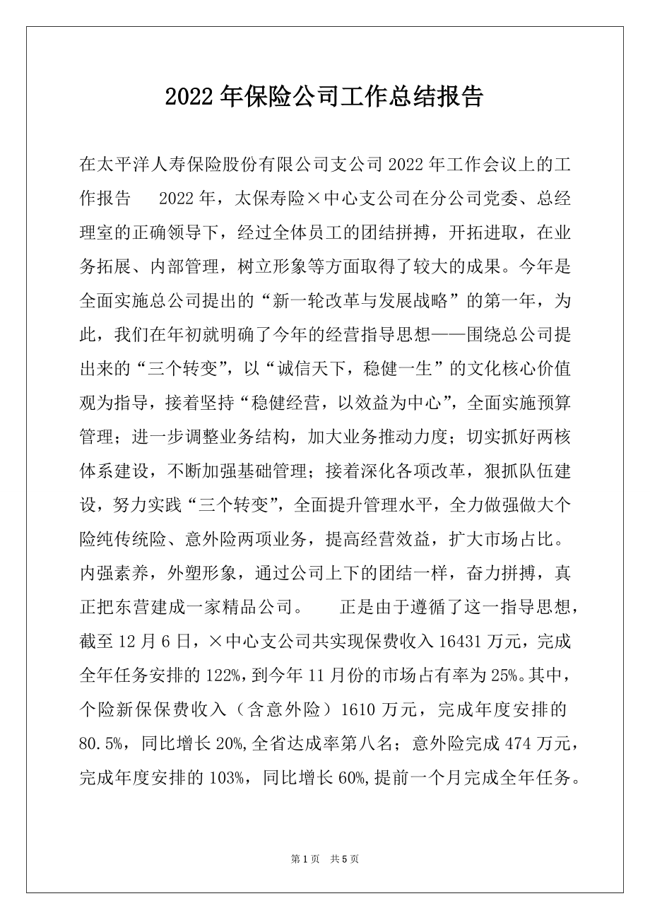 2022年保险公司工作总结报告.docx_第1页