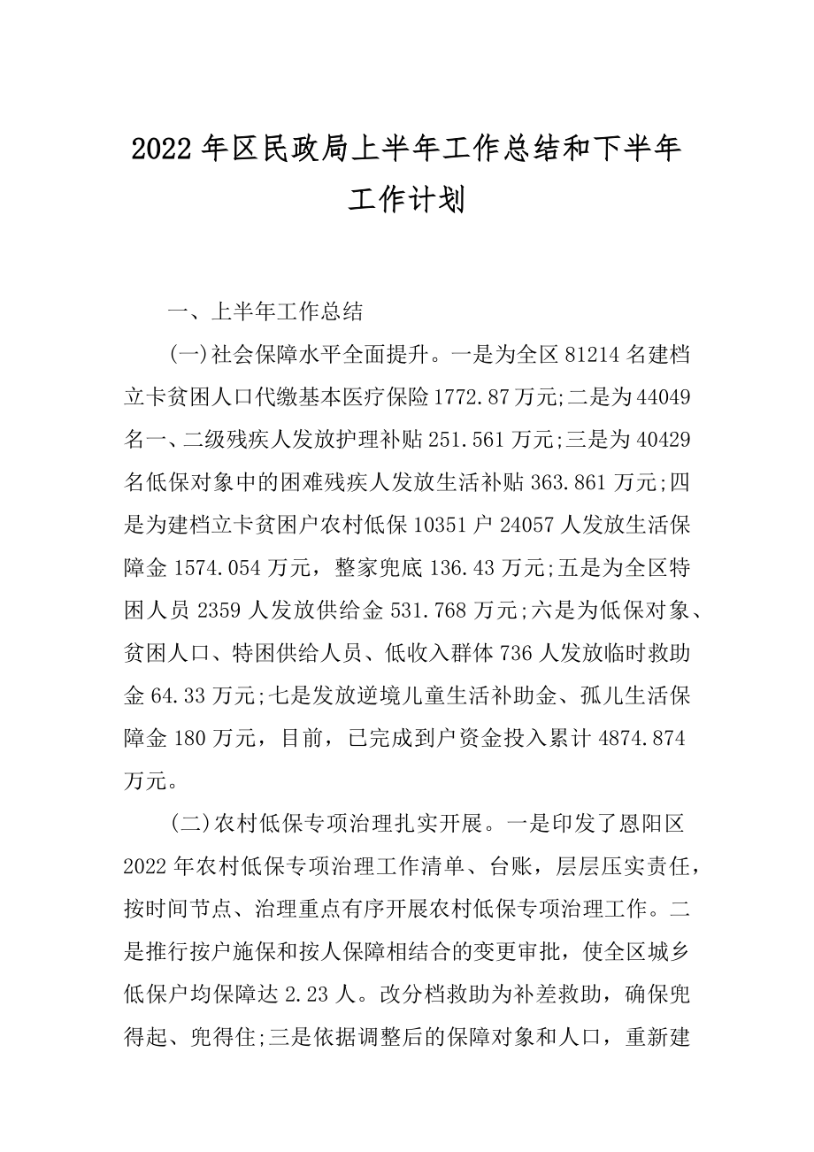 2022年区民政局上半年工作总结和下半年工作计划.docx_第1页