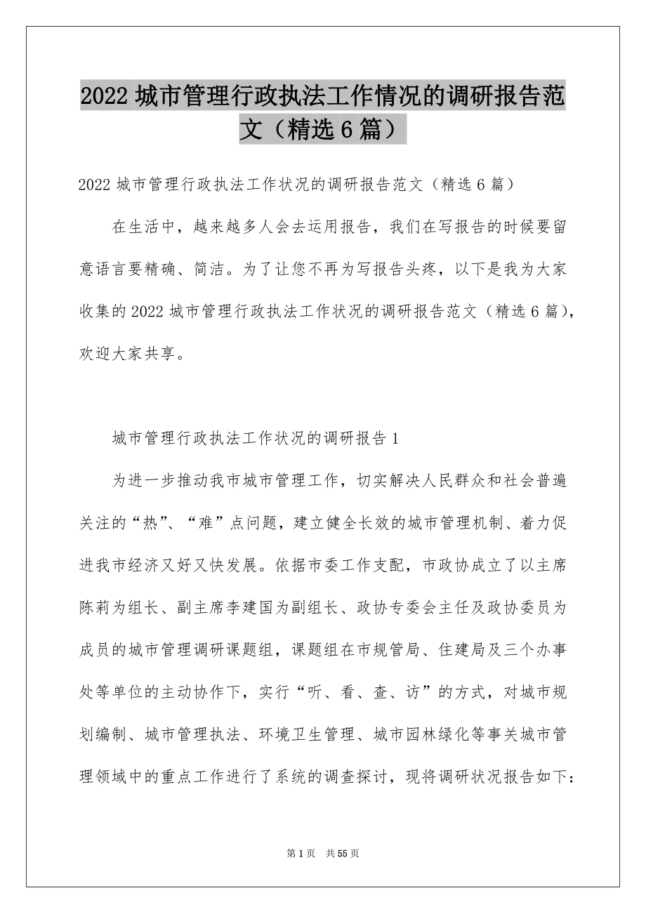 2022城市管理行政执法工作情况的调研报告范文（精选6篇）.docx_第1页