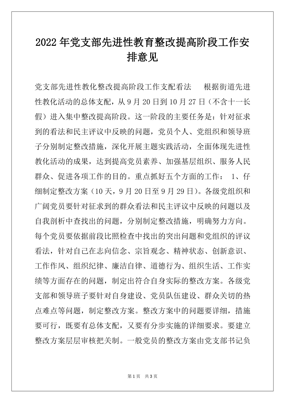 2022年党支部先进性教育整改提高阶段工作安排意见例文.docx_第1页