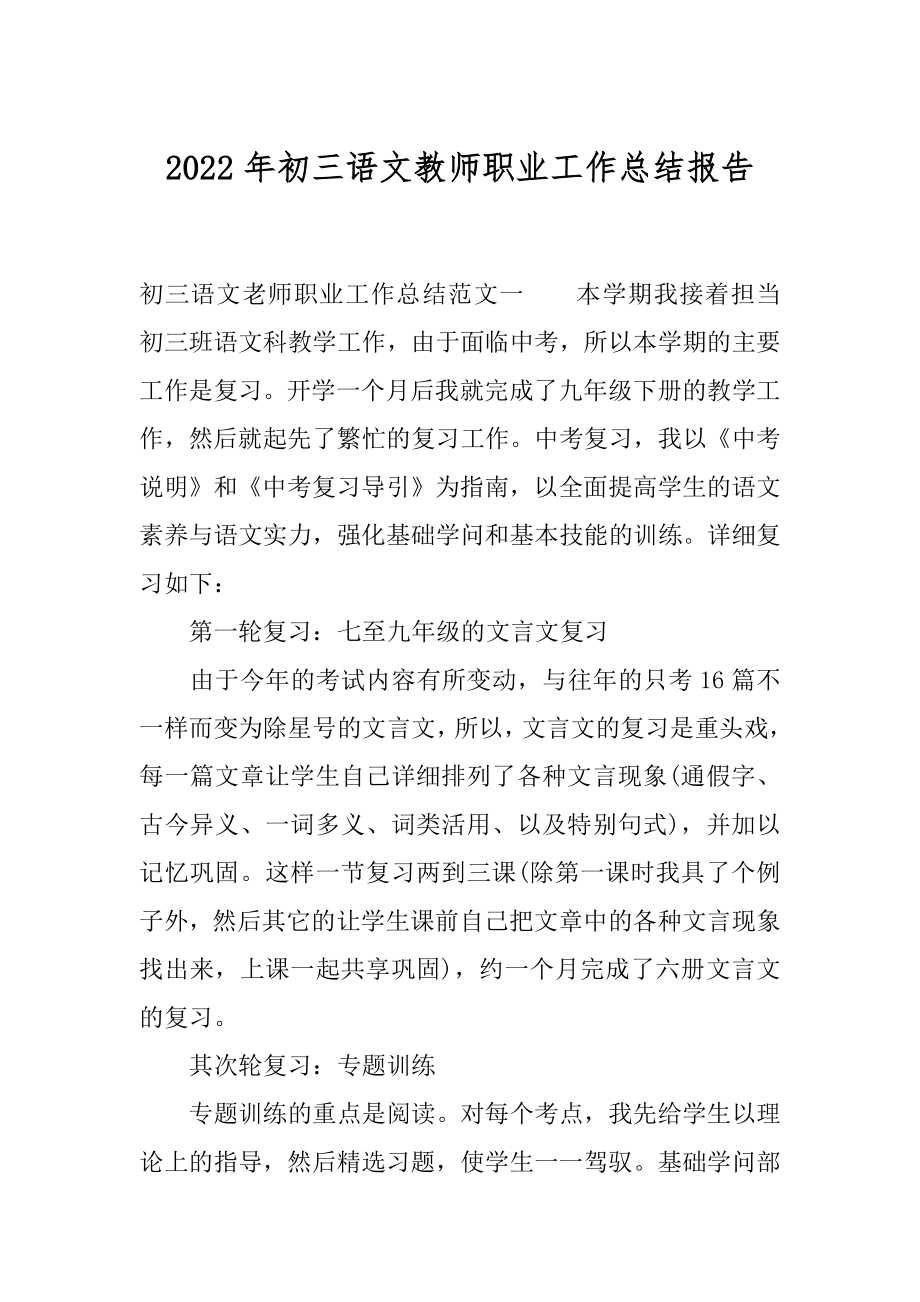 2022年初三语文教师职业工作总结报告.docx_第1页