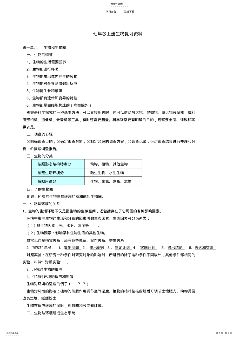 2022年最新人教版生物七年级上册复习资料 .pdf_第1页