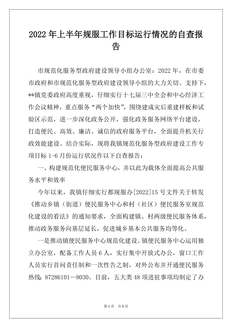 2022年上半年规服工作目标运行情况的自查报告例文.docx_第1页