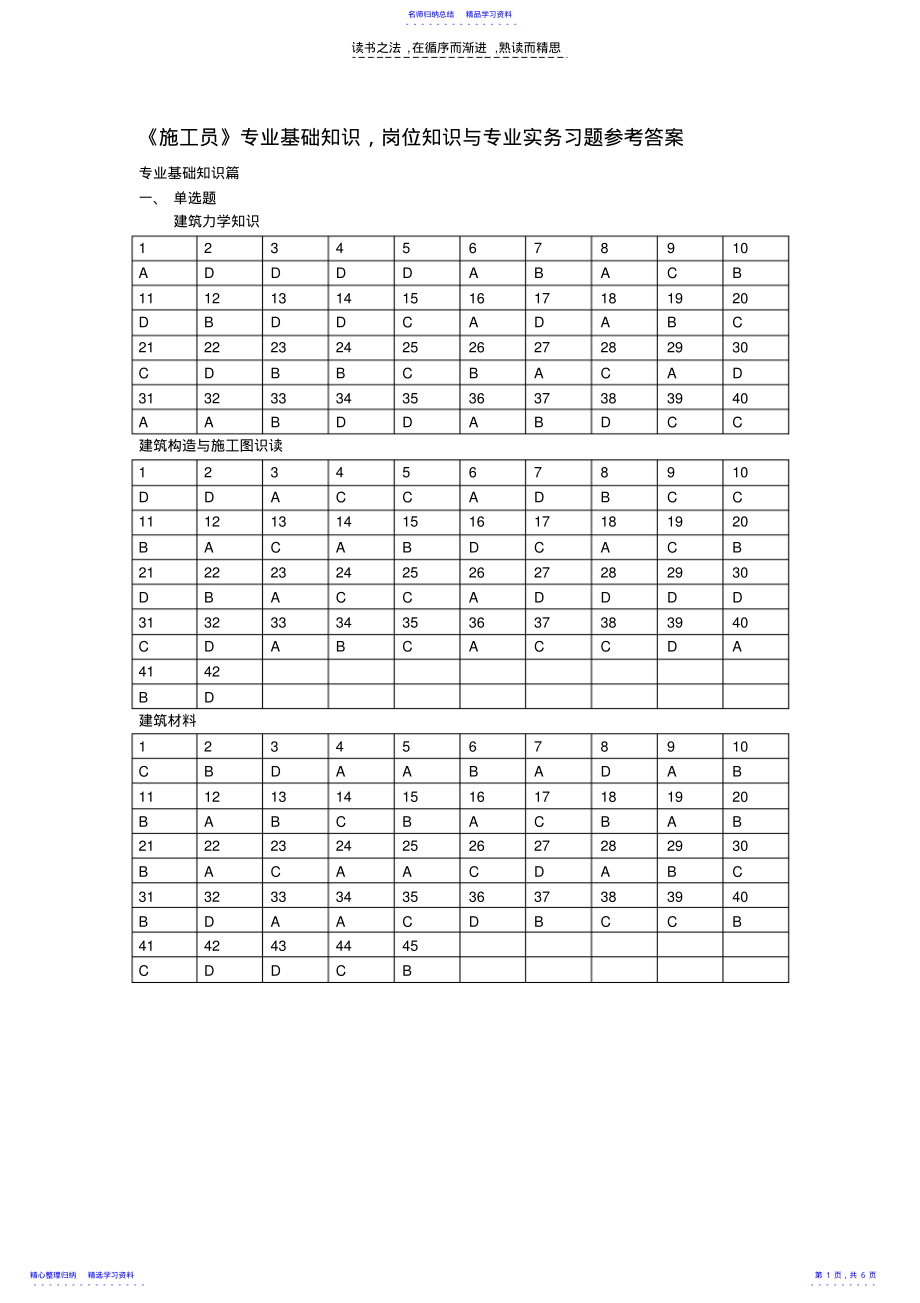 2022年《施工员》专业基础知识,岗位知识与专业实务习题参考答案 .pdf_第1页