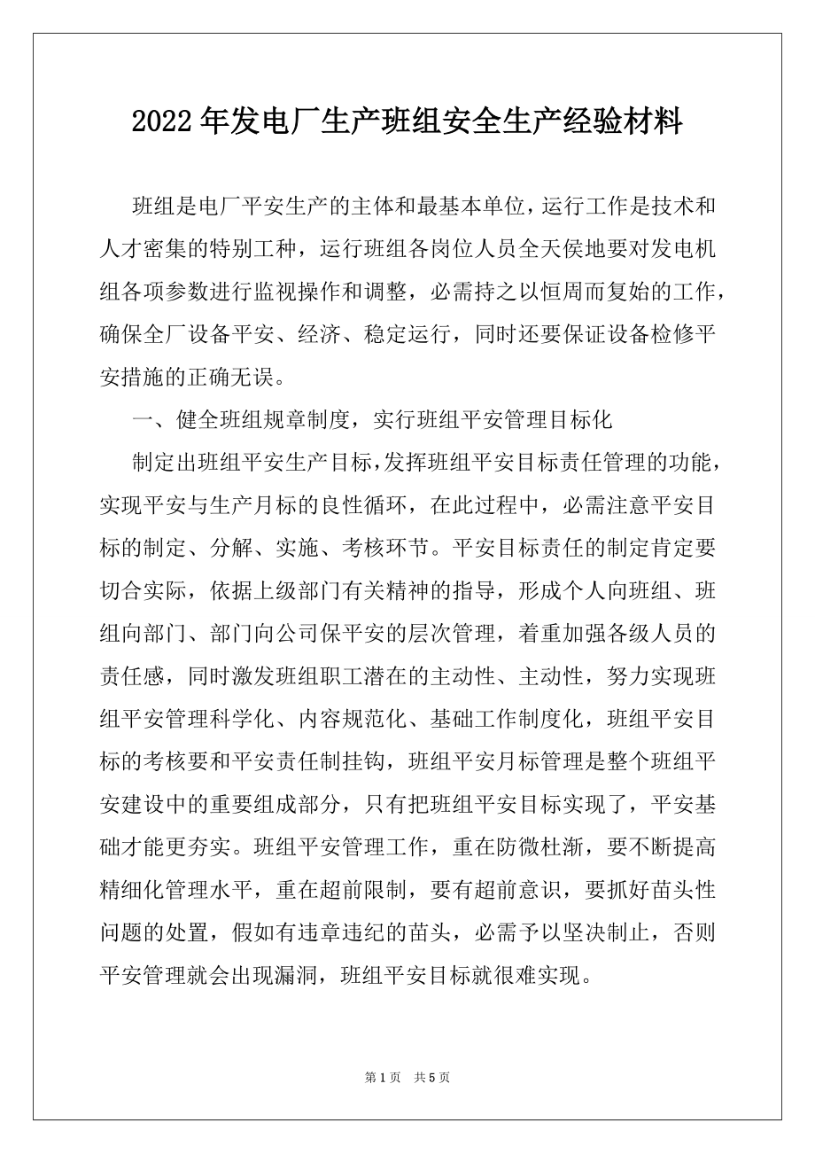 2022年发电厂生产班组安全生产经验材料.docx_第1页