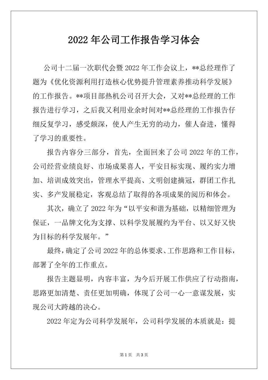 2022年公司工作报告学习体会.docx_第1页