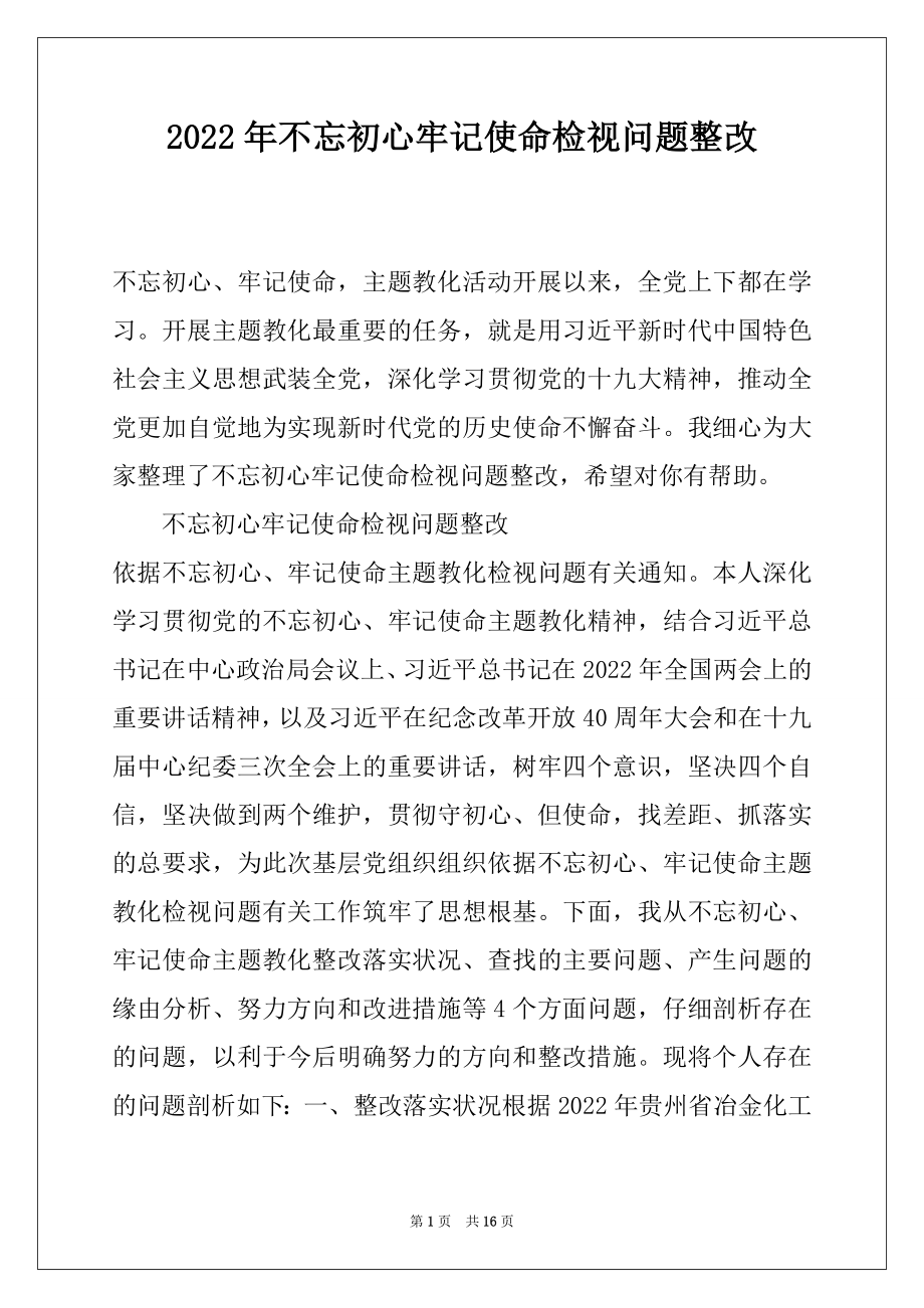 2022年不忘初心牢记使命检视问题整改.docx_第1页