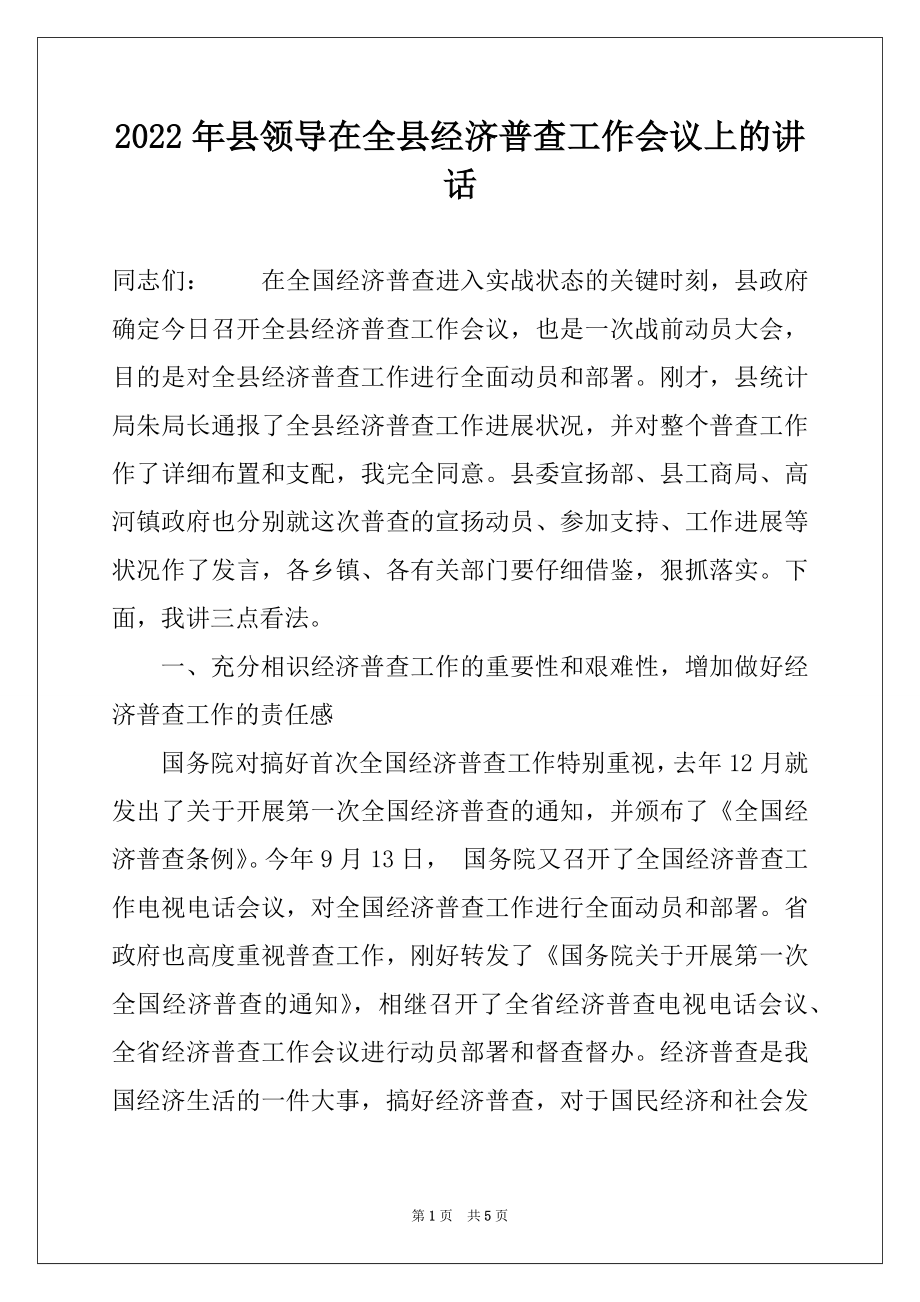 2022年县领导在全县经济普查工作会议上的讲话范文.docx_第1页