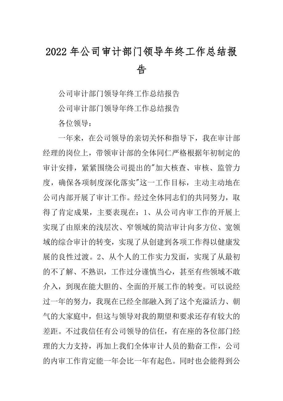 2022年公司审计部门领导年终工作总结报告.docx_第1页