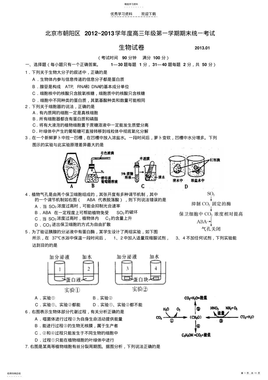 2022年朝阳高三期末生物 .pdf_第1页