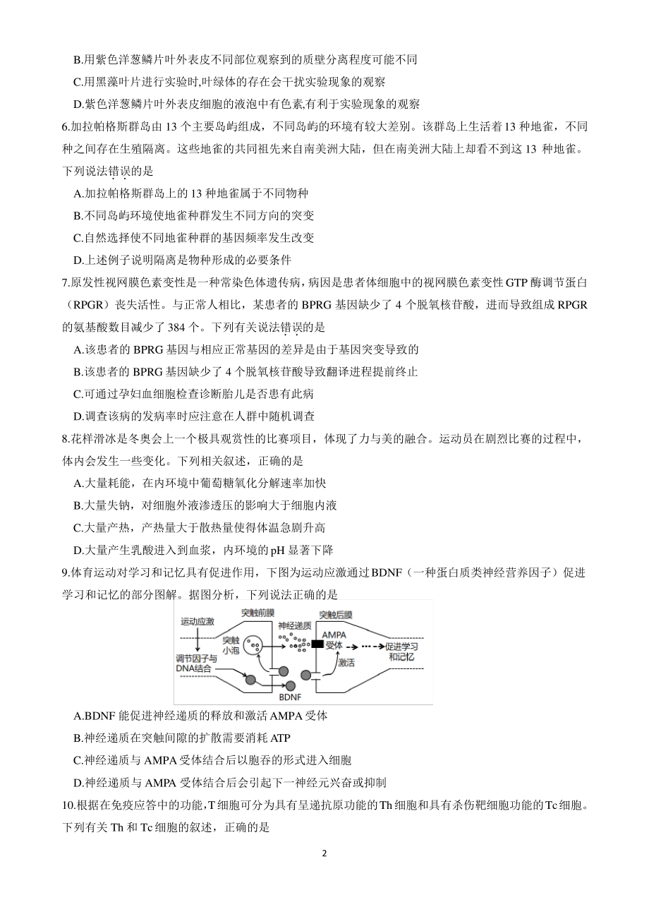 广东省汕头市2021-2022学年高三上学期期末教学质量监测生物试题 含答案.pdf_第2页