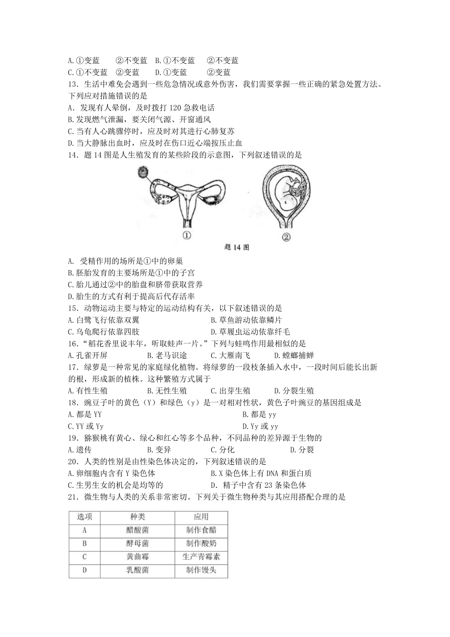 2022广东省初中学业水平考试生物试题及答案.pdf_第2页