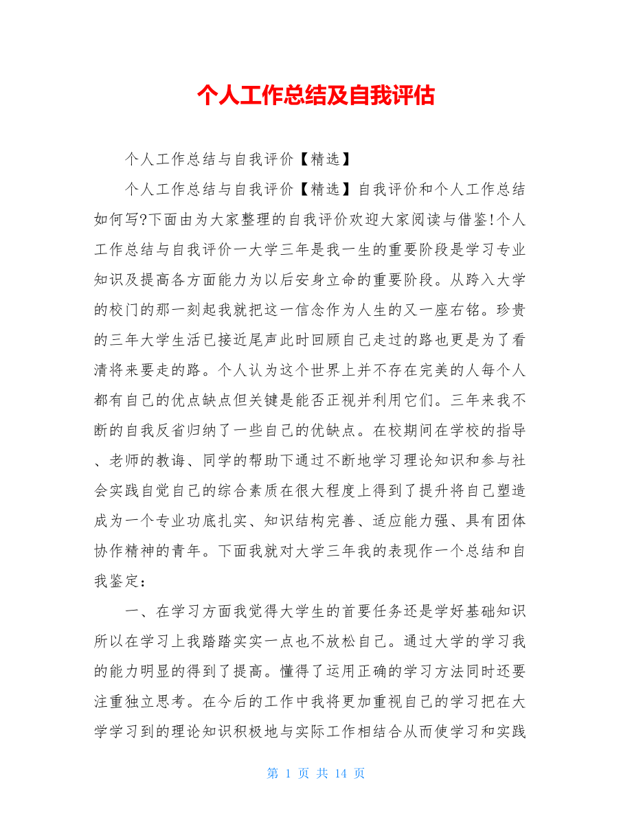 个人工作总结及自我评估.doc_第1页