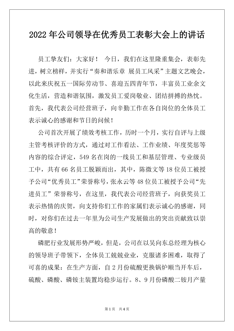 2022年公司领导在优秀员工表彰大会上的讲话.docx_第1页