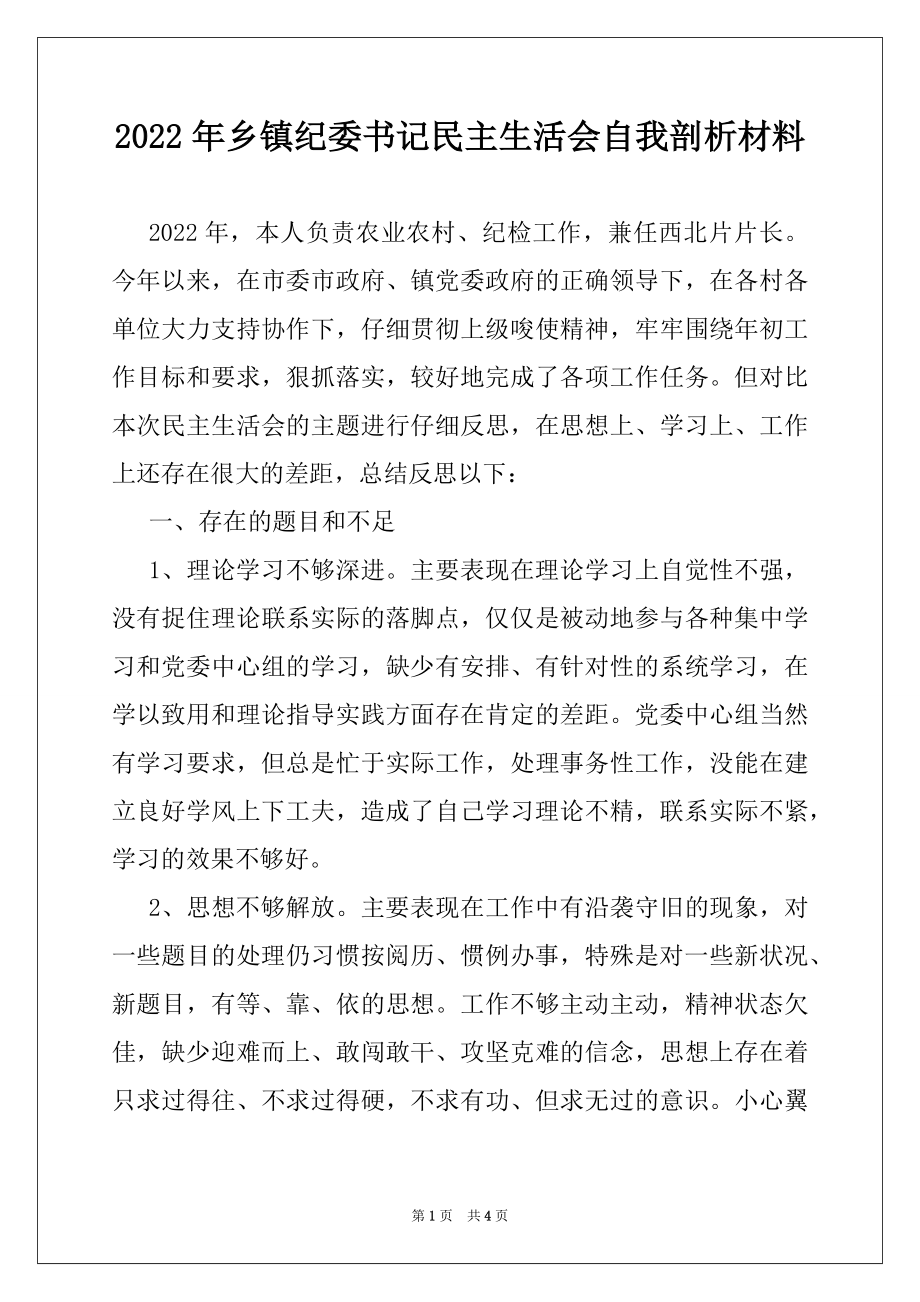 2022年乡镇纪委书记民主生活会自我剖析材料.docx_第1页