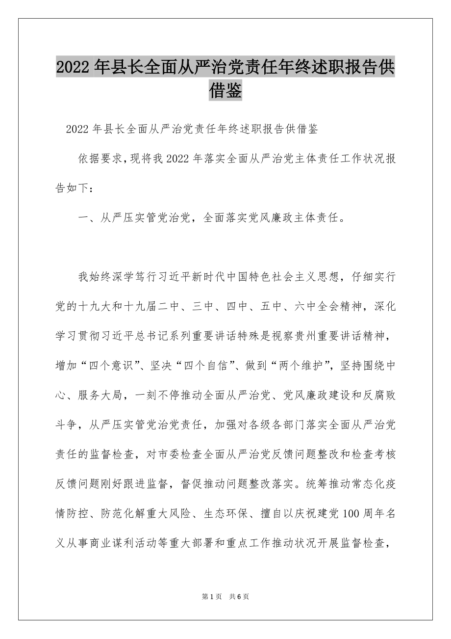 2022年县长全面从严治党责任年终述职报告供借鉴.docx_第1页