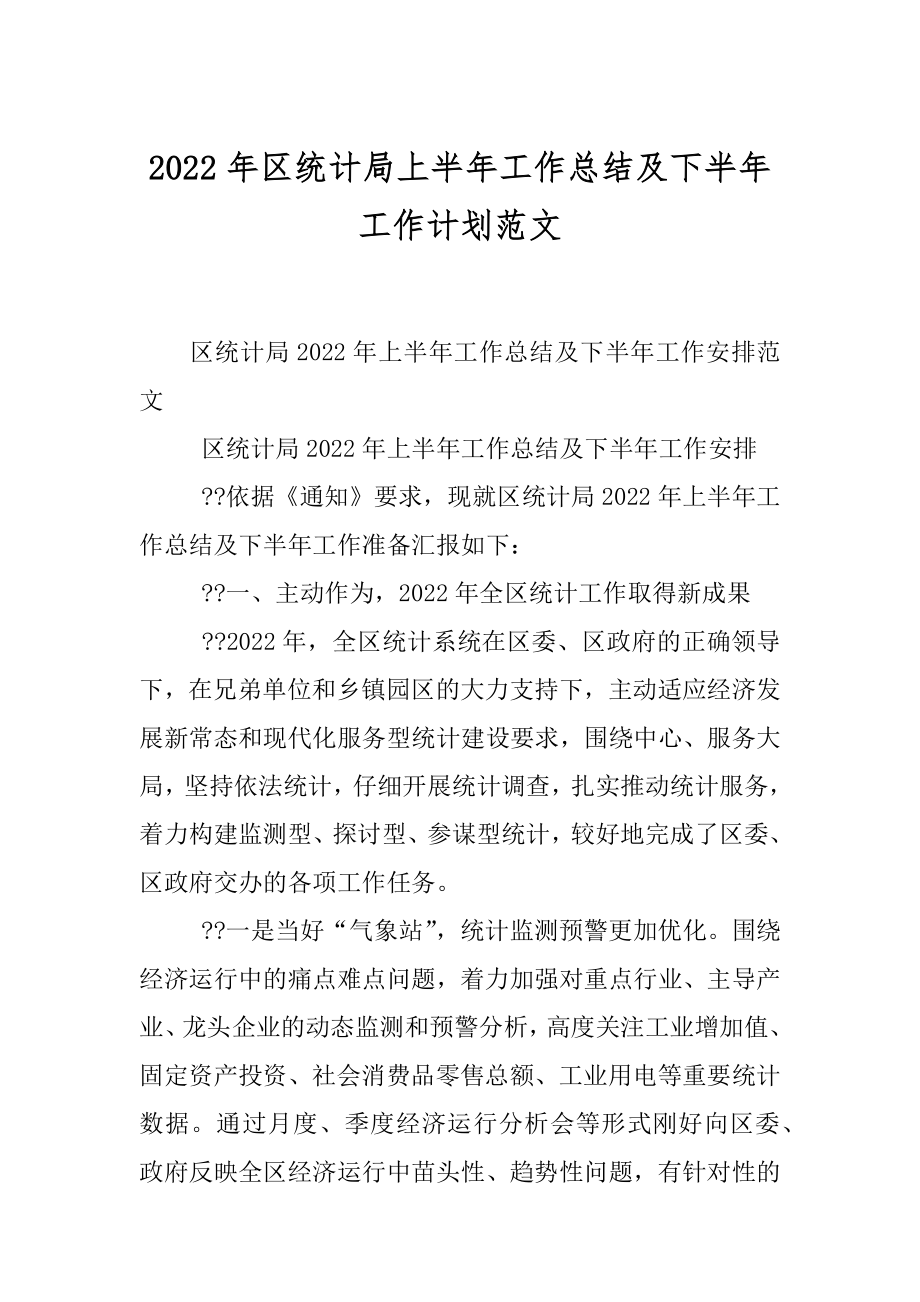 2022年区统计局上半年工作总结及下半年工作计划范文.docx_第1页