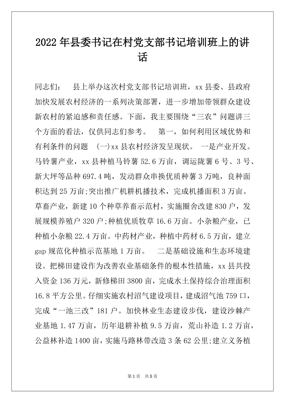 2022年县委书记在村党支部书记培训班上的讲话例文.docx_第1页