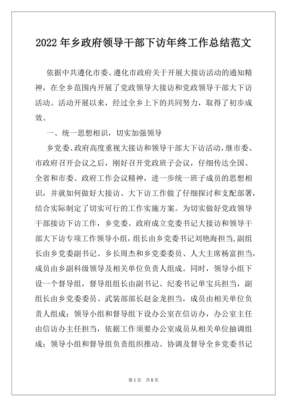 2022年乡政府领导干部下访年终工作总结范文.docx_第1页