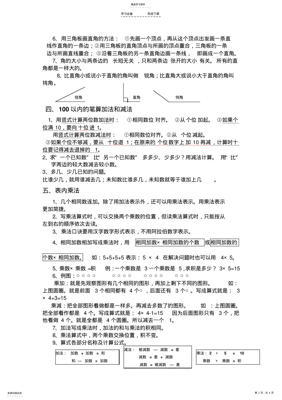 2022年最新版人教版二年级上册数学总复习资料 .pdf_第2页