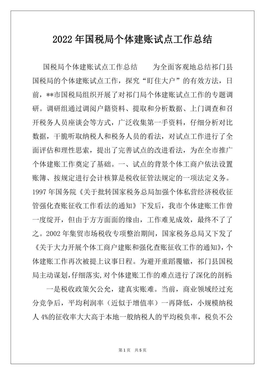 2022年国税局个体建账试点工作总结范本.docx_第1页