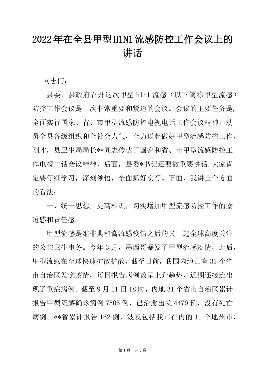 2022年在全县甲型H1N1流感防控工作会议上的讲话例文.docx_第1页