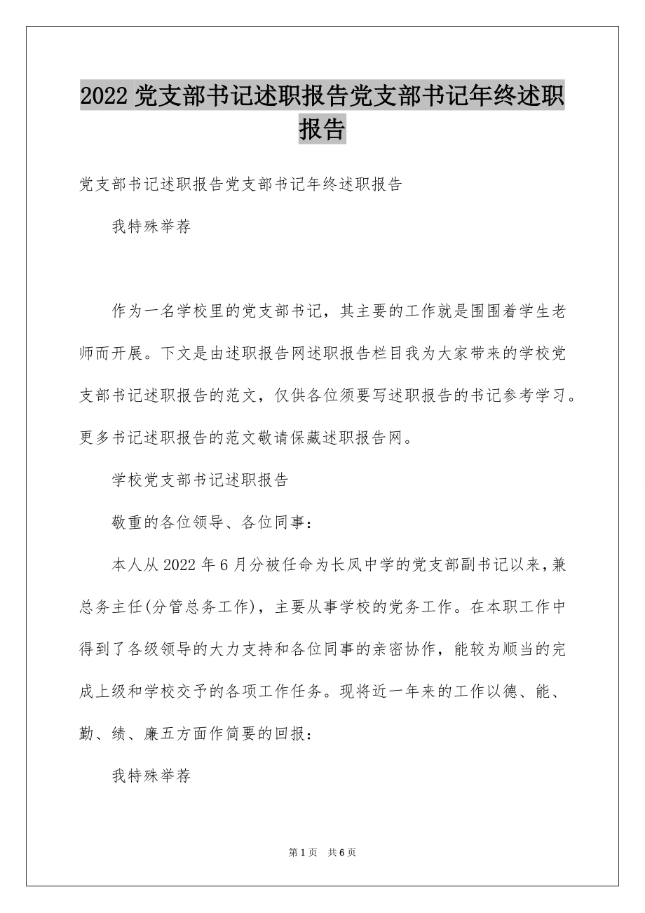 2022党支部书记述职报告党支部书记年终述职报告.docx_第1页