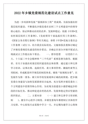 2022年乡镇党委规范化建设试点工作意见.docx