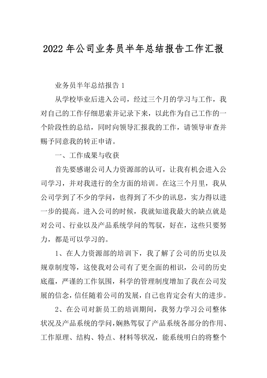 2022年公司业务员半年总结报告工作汇报.docx_第1页